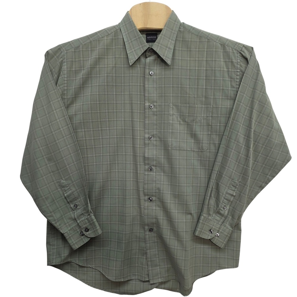 Arrow USA 1851 Mens Sage Green Plaid Wrinkle Free Button Down Shirt Large